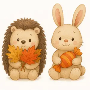 Cute Hedgehog and Bunny Holding Fall Leaves and Candy