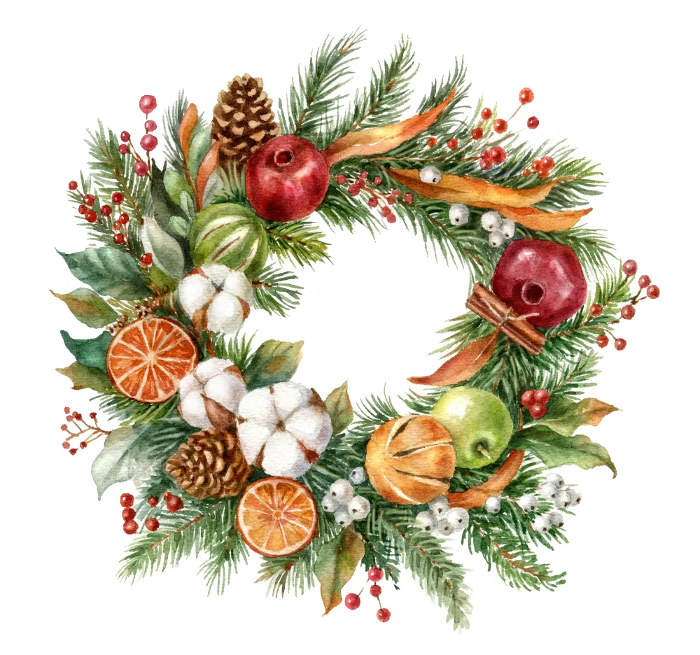 Watercolor Christmas Wreath with Pinecones, Citrus, and Cotton