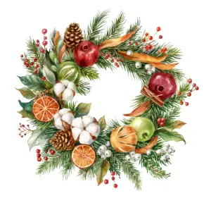 Watercolor Christmas Wreath with Pinecones, Citrus, and Cotton