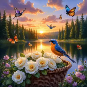 Bluebird Perched on Basket of White Roses at Sunrise by Lake