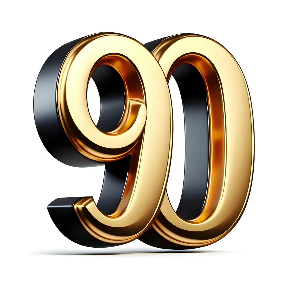 3D Golden Number Ninety on White Background