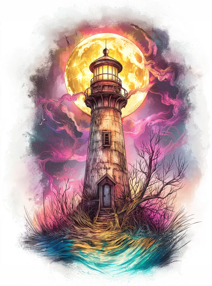 Illuminated Lighthouse with Full Moon and Colorful Sky