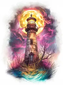 Illuminated Lighthouse with Full Moon and Colorful Sky