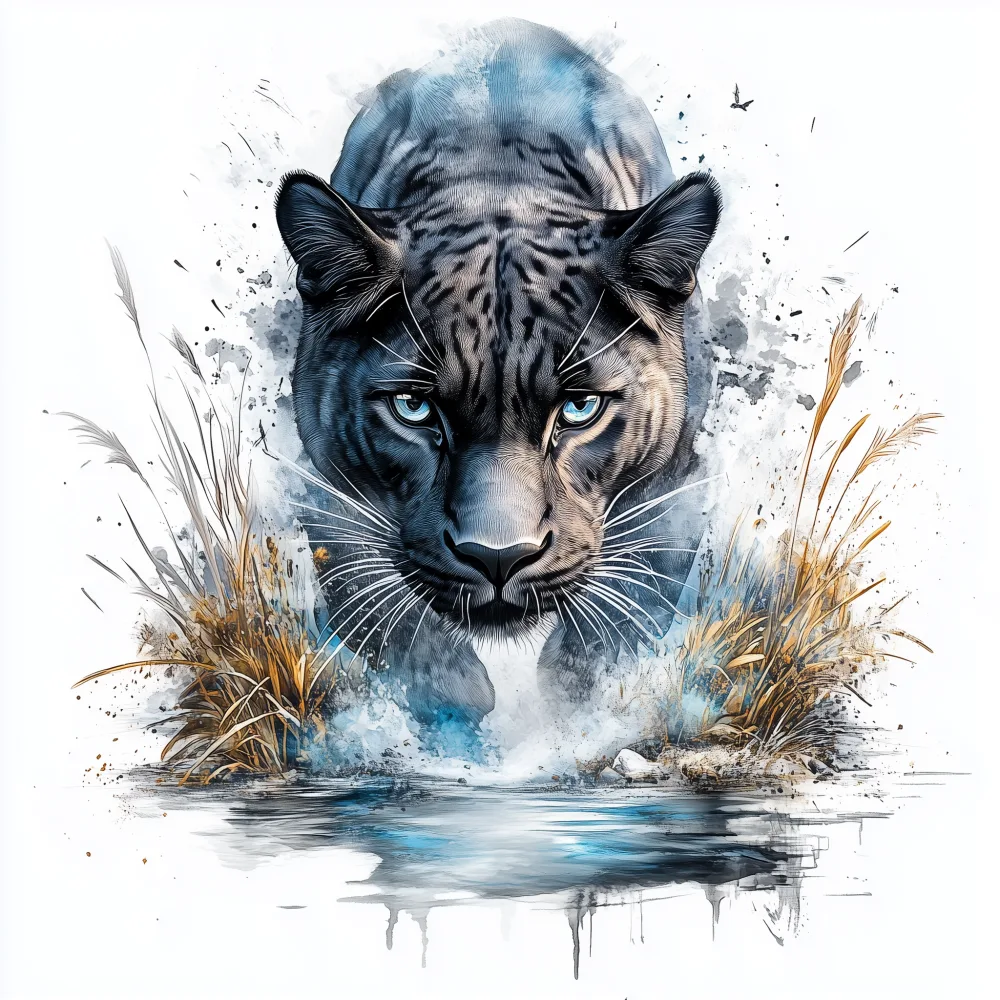 Watercolor Illustration of a Black Panther Approaching a Water Body