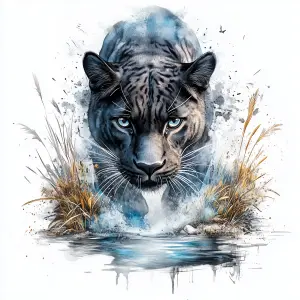 Watercolor Illustration of a Black Panther Approaching a Water Body