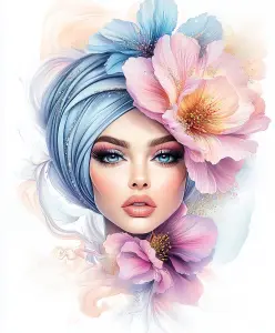 Portrait of a Woman with Blue Eyes and Floral Headscarf