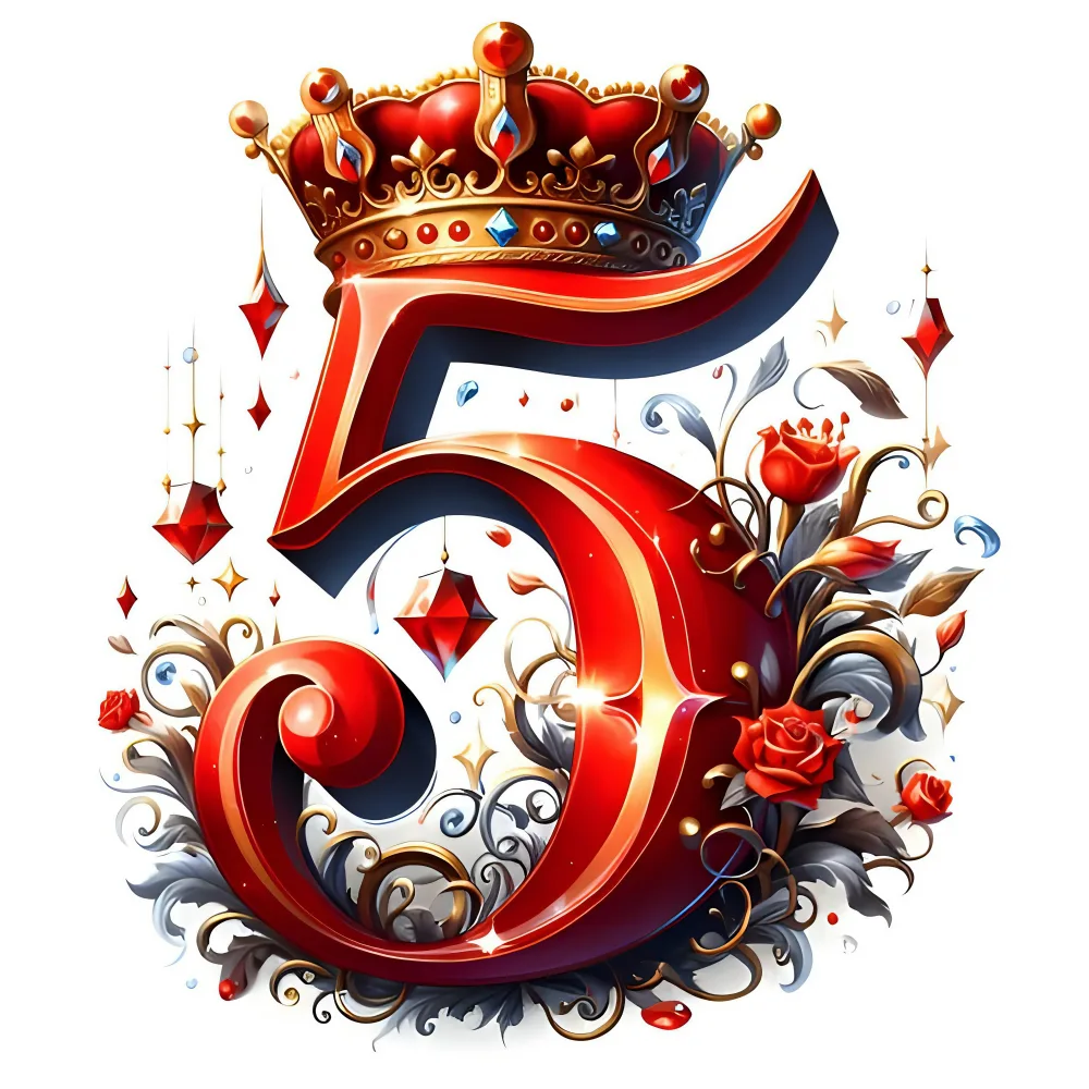 Ornate Red Number 5 with Crown and Floral Decorations