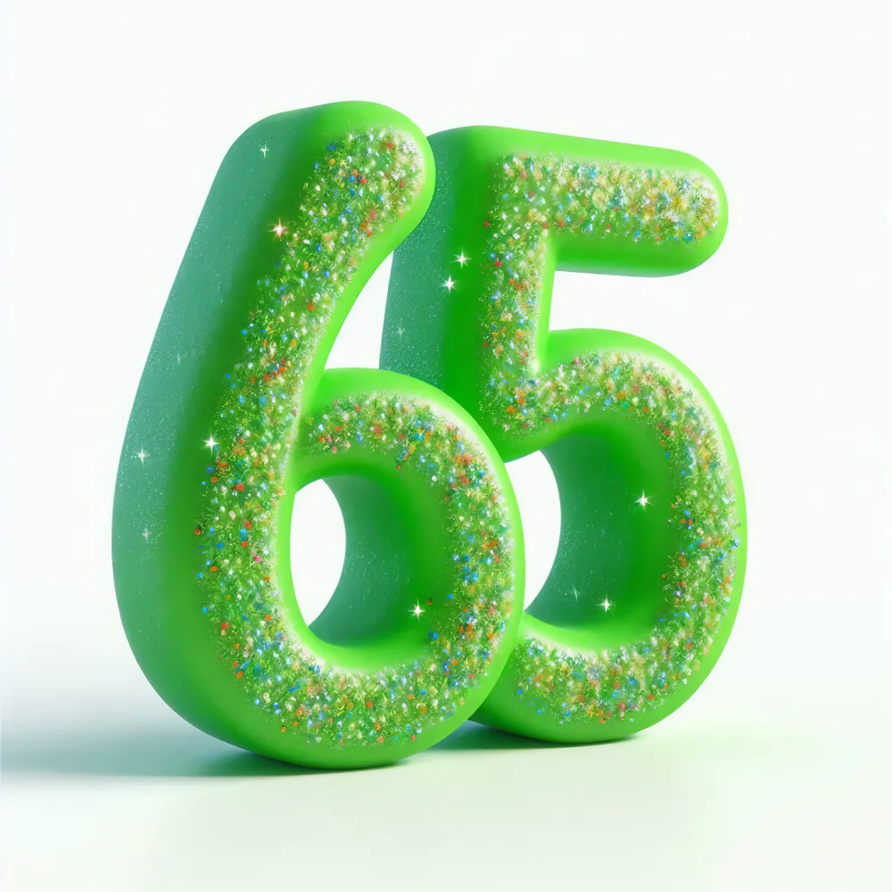 Green 65 Number with Sparkling Glitter Texture