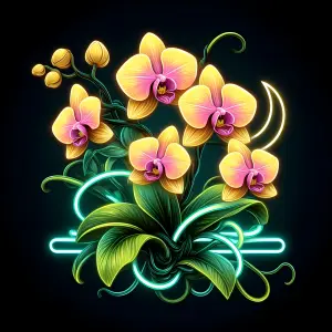 Glowing Neon Yellow and Pink Orchid Bouquet with Green Leaves