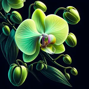 Glowing Green Orchid Flower with Buds on Black Background