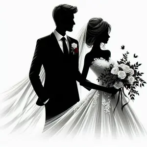 Silhouetted Bride and Groom in Elegant Wedding Attire
