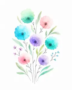 Watercolor Floral Bouquet with Colorful Round Blossoms
