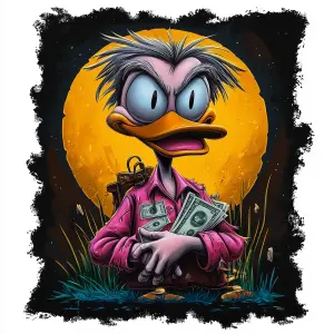 Cartoon-style Illustration of Duck Character Holding Money with Full Moon Background