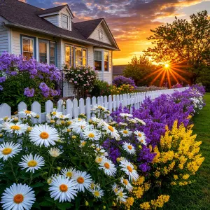 Colorful Flower Garden Along White Picket Fence at Sunset