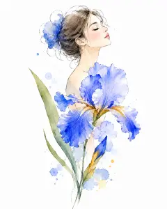 Watercolor Portrait of Woman with Blue Iris Flower
