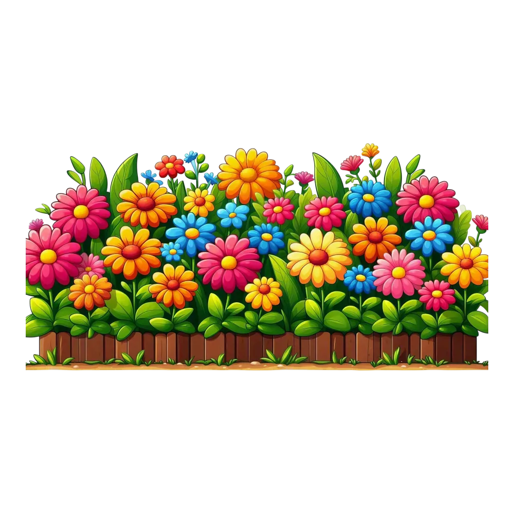 Colorful Cartoon Flower Garden Bed with Wooden Fence