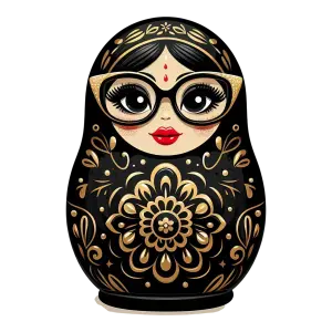 Black and Gold Russian Matryoshka Doll with Glasses