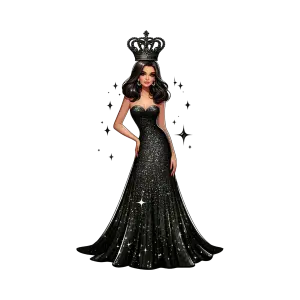 Elegant Woman in Sparkling Black Evening Gown with Crown