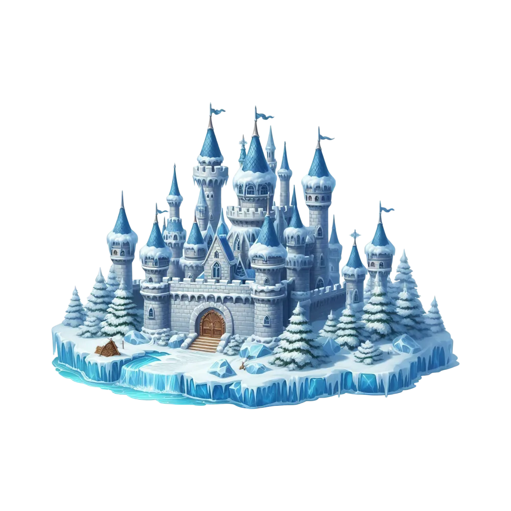 Winter Ice Fantasy Castle with Snowy Pine Trees