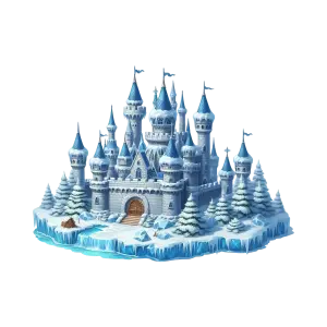 Winter Ice Fantasy Castle with Snowy Pine Trees
