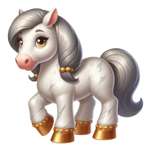 Cute Cartoon White Pony with Silver Mane and Gold Hoofs