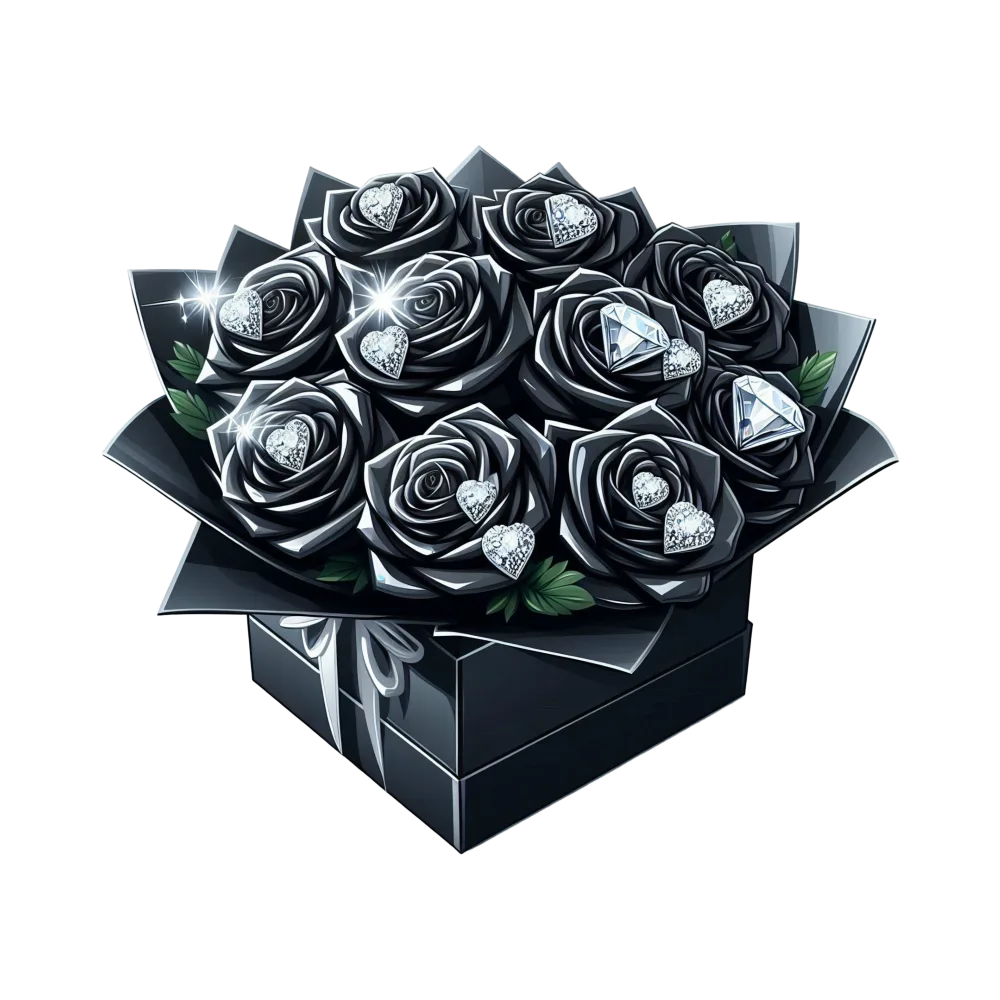 Black Rose Bouquet with Diamond Heart Decorations in Gift Box