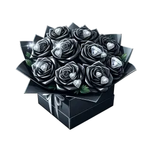 Black Rose Bouquet with Diamond Heart Decorations in Gift Box