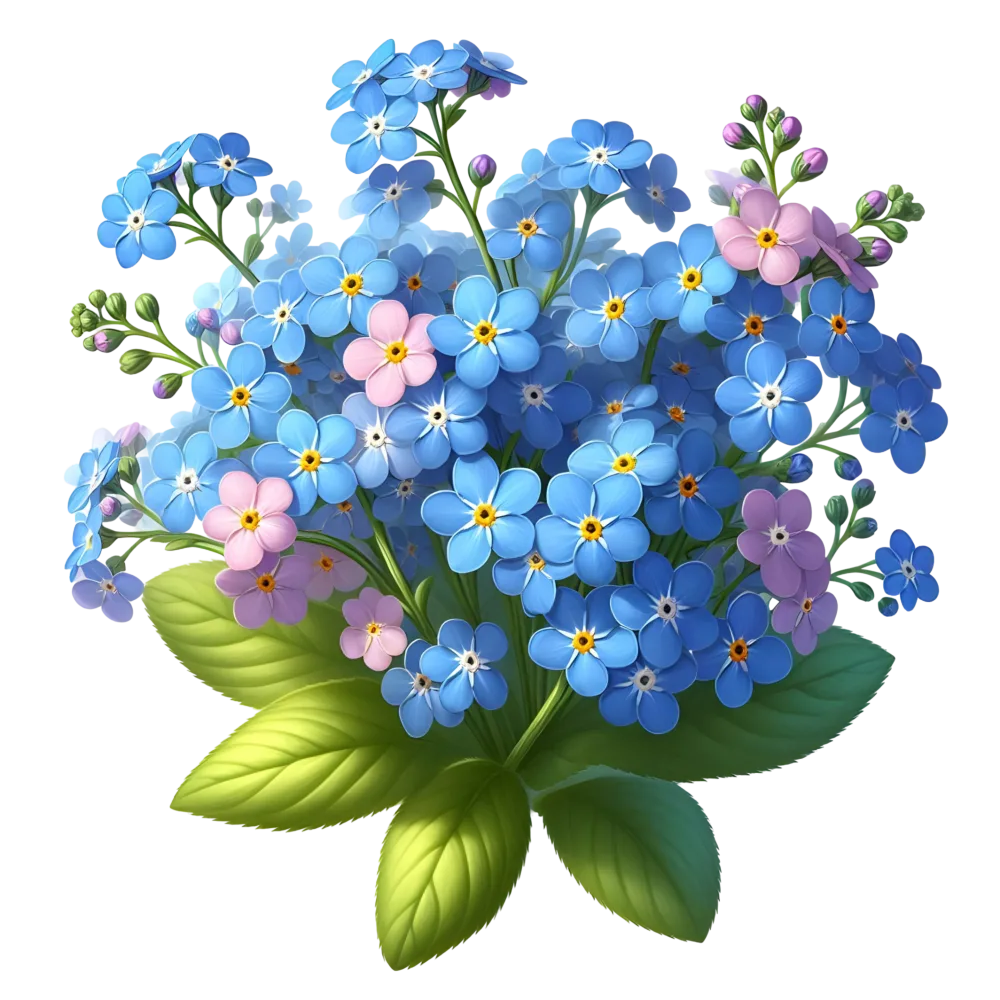 Bouquet of Blue and Pink Forget-Me-Not Flowers with Green Leaves