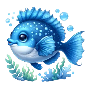 Cute Blue Cartoon Fish with Ocean Plants and Bubbles