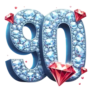 Number 90 Made of Shiny Diamonds and Red Gemstones