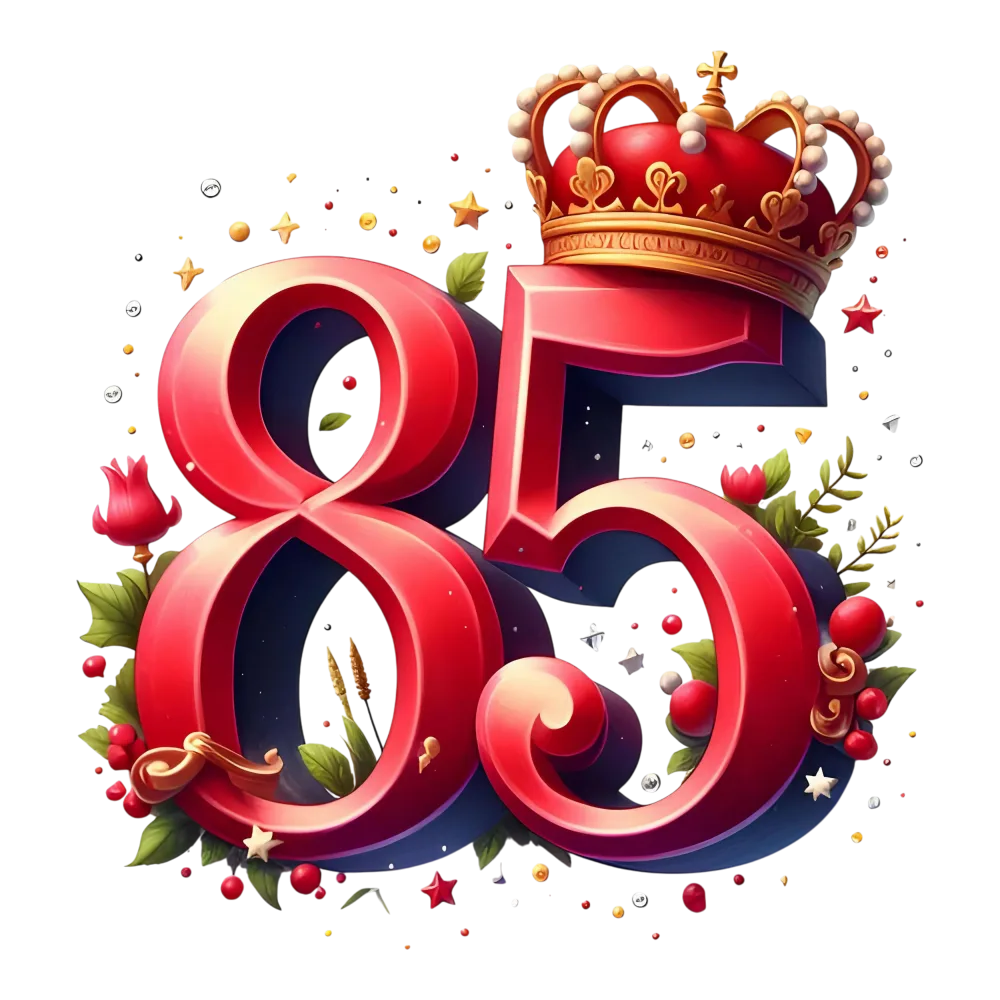 3D Red Number 85 with Royal Crown and Floral Decorations