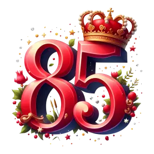 3D Red Number 85 with Royal Crown and Floral Decorations
