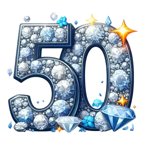 Number 50 adorned with sparkling diamonds and blue gemstones