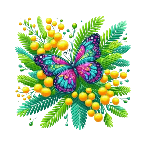 Colorful Butterfly on Yellow Mimosa Flowers and Green Leaves