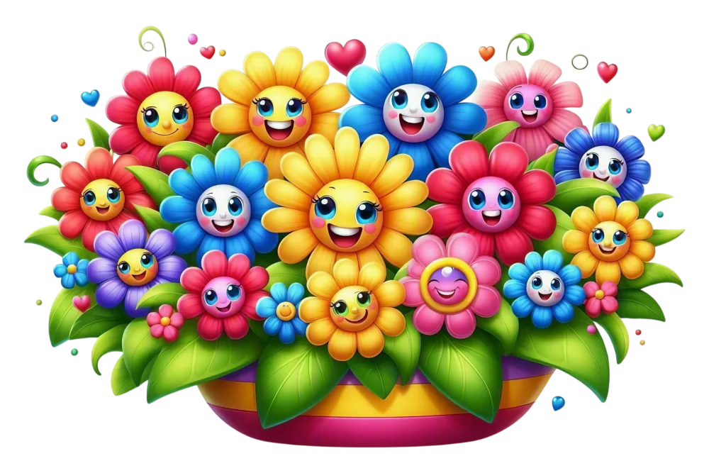 Colorful Happy Cartoon Flowers in Pot
