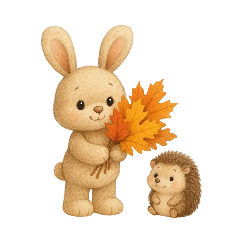 Cute Cartoon Bunny and Hedgehog with Autumn Leaves
