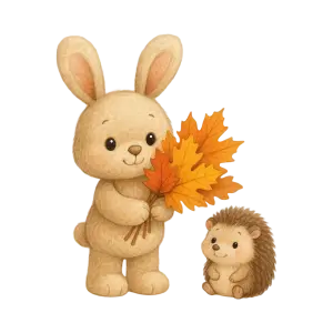 Cute Cartoon Bunny and Hedgehog with Autumn Leaves