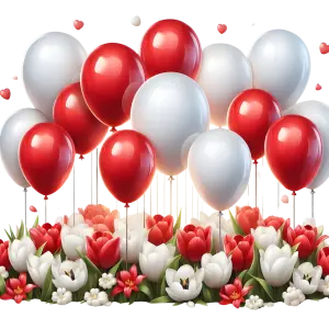 Red and White Balloons and Tulip Flowers