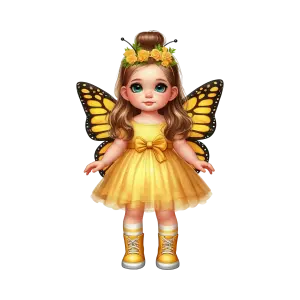 Cute Little Girl in Yellow Butterfly Costume with Wings and Flower Crown