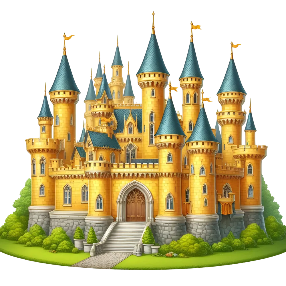 Detailed Yellow Fantasy Castle with Blue Turrets