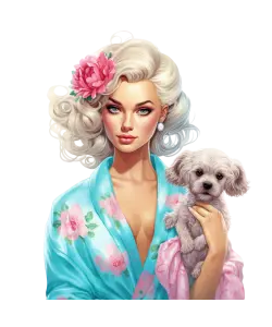 Elegant Blonde Woman in Floral Robe Holding Small Dog
