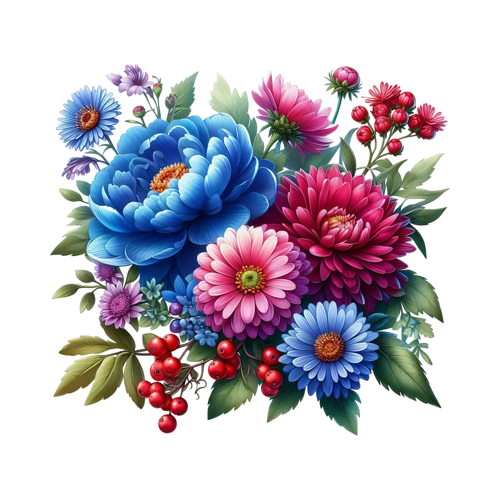 Colorful Bouquet of Blue, Pink, and Red Flowers with Green Leaves and Red Berries
