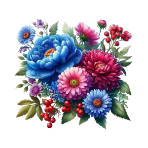 Colorful Bouquet of Blue, Pink, and Red Flowers with Green Leaves and Red Berries