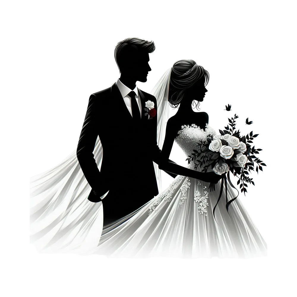 Silhouetted Bride and Groom in Wedding Attire