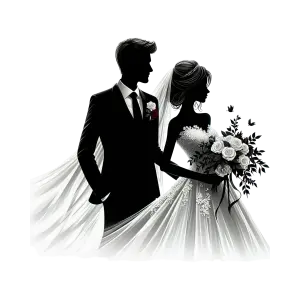 Silhouetted Bride and Groom in Wedding Attire