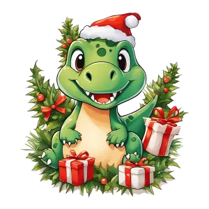 Cute Dinosaur Wearing Santa Hat with Christmas Gifts and Holly Wreath