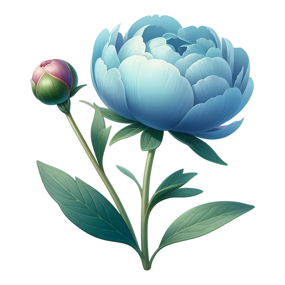 Blue Peony Flower with Bud and Green Leaves