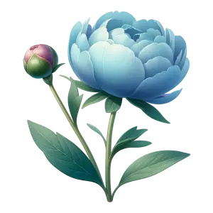Blue Peony Flower with Bud and Green Leaves