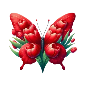 Red Butterfly with Flower Petal Wings and Green Leaves
