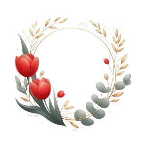 Floral wreath with red tulips and golden leaves